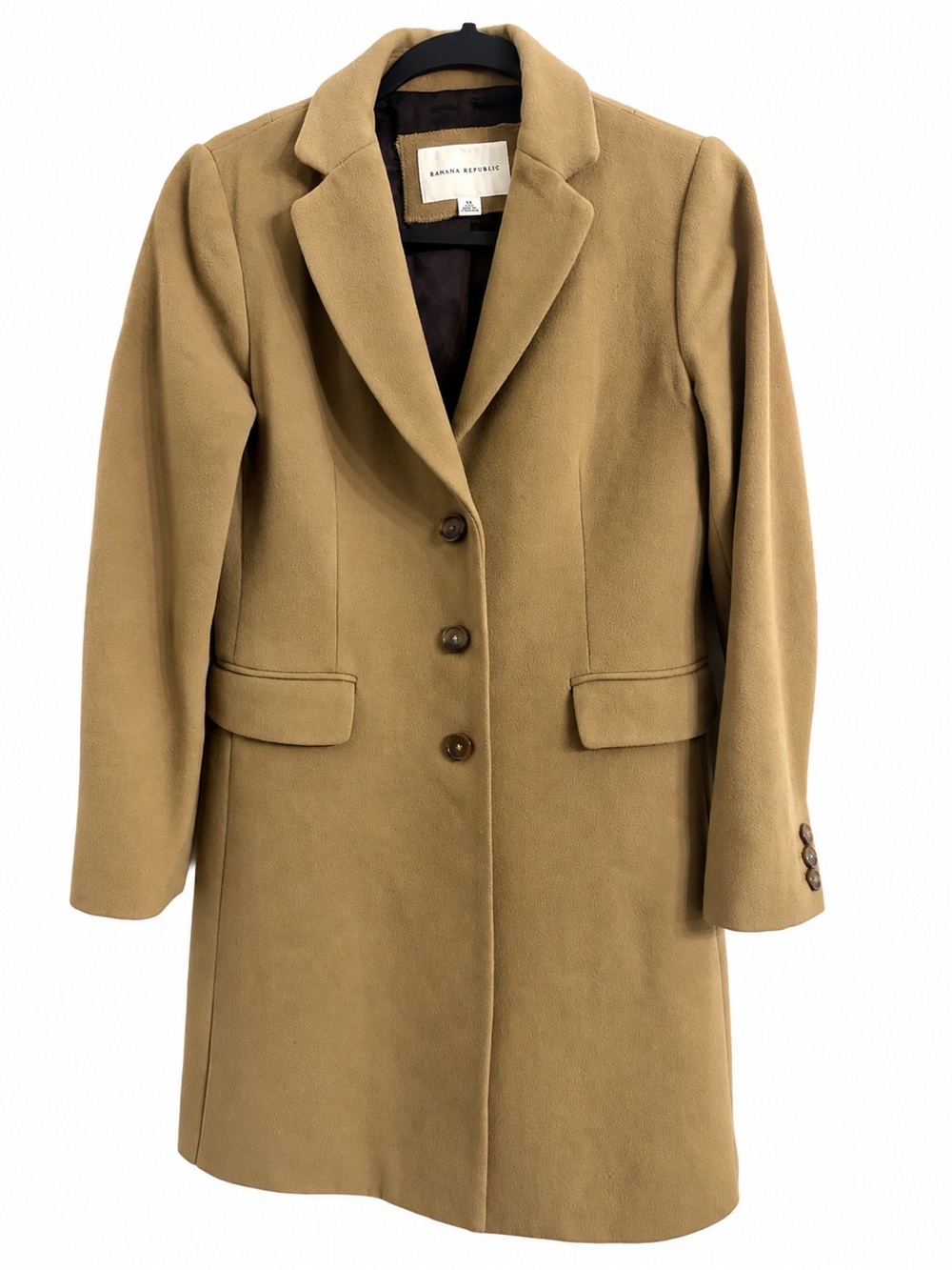 Banana Republic Women’s 100% Wool Camel Tan Long Coat Tailored Classic Office XS